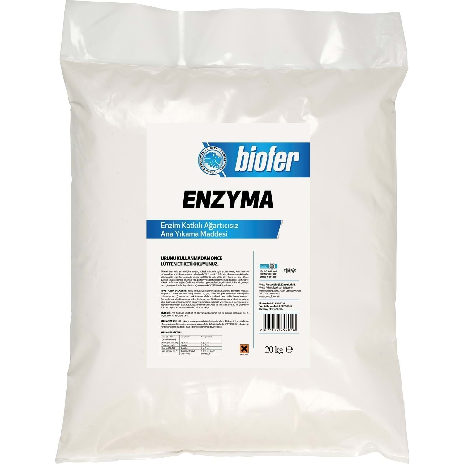 Biofer 20 Kg Enzim Katkılı Ağartıcısız Toz Çamaşır Deterjanı Enzyma